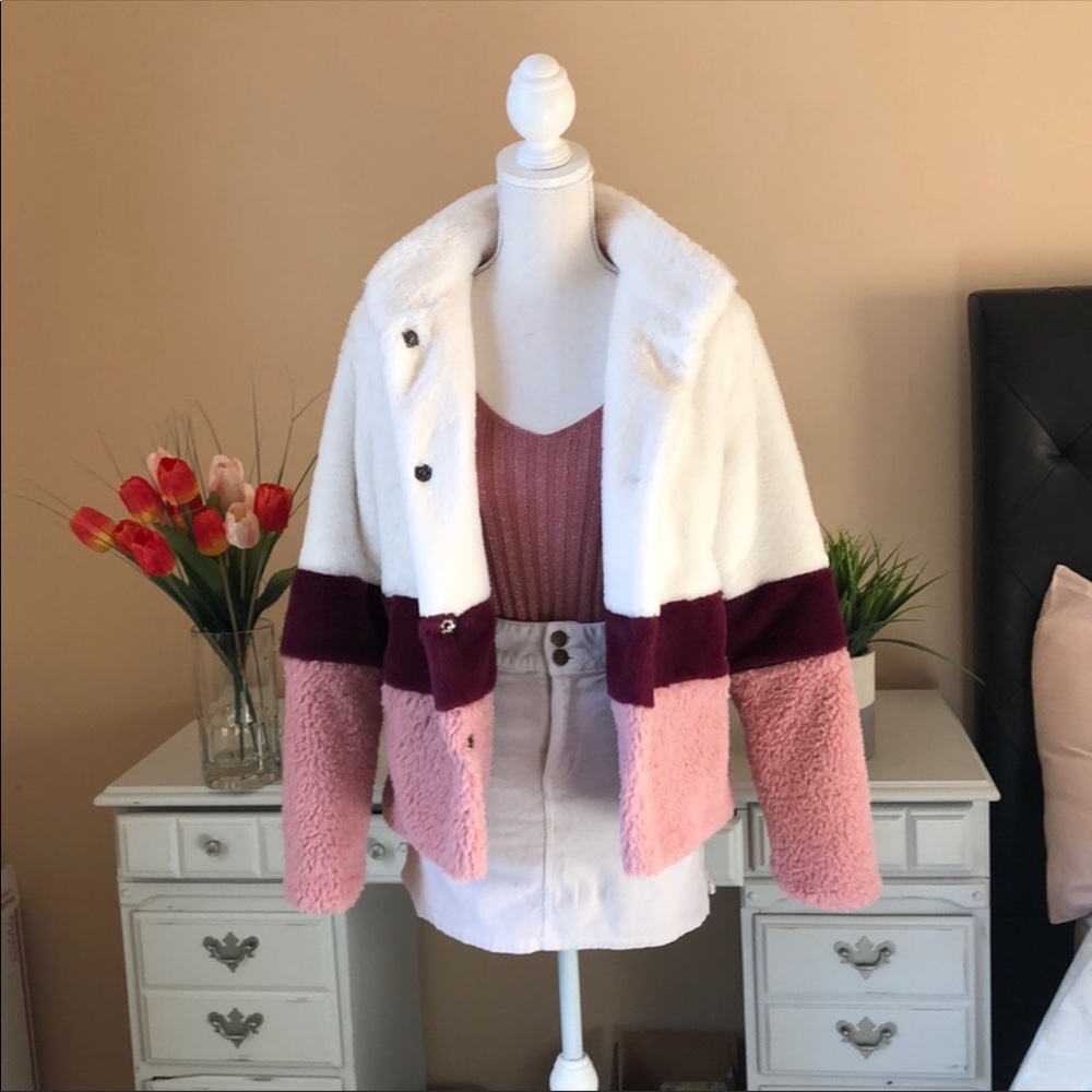 NWT SOFT FAUX FUR COLOR BLOCK OLD ROSE LONG JACKET